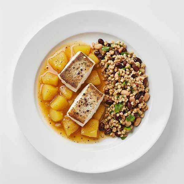 Cumin Pepper Fish with all spice Pineapple compote & Cracked Wheat Beans Medley